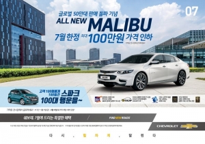 쉐보레 7월 한 달간 말리부 판매가격 인하...최대 290만원 할인